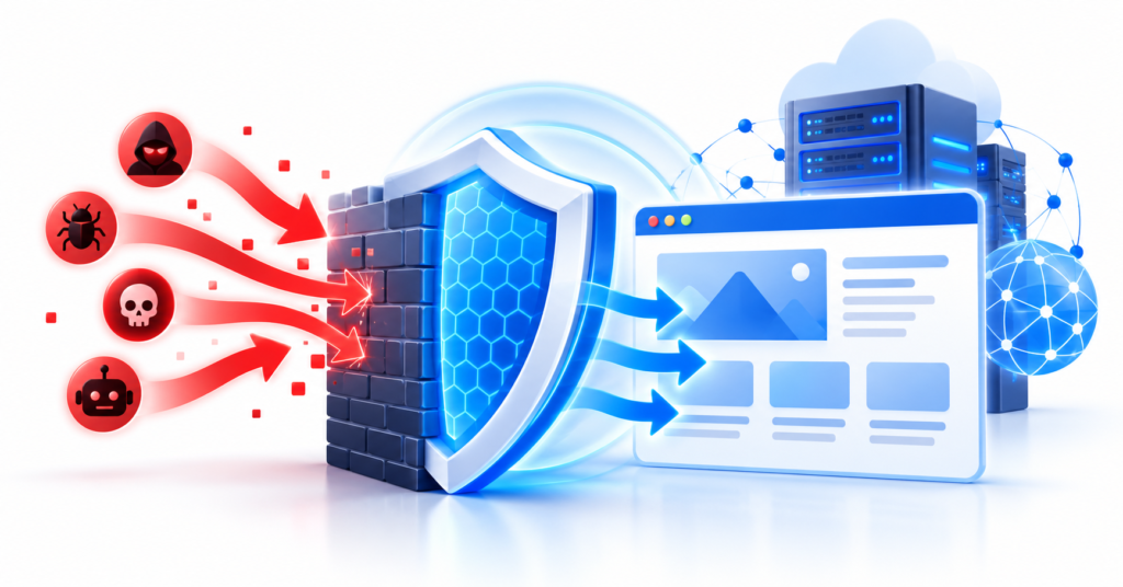 Blue firewall shield blocking malicious traffic while allowing safe traffic to a website, illustrating a web application firewall