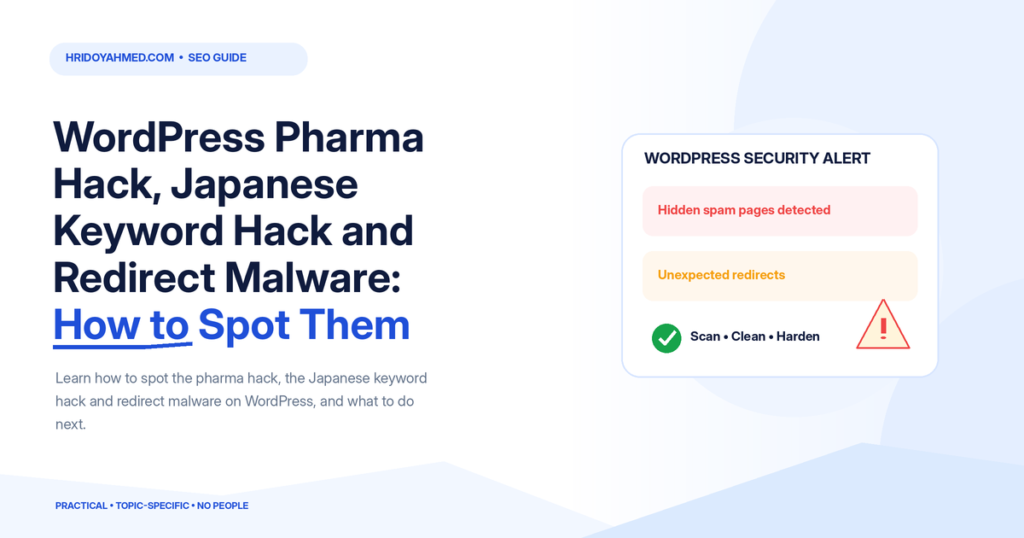 WordPress security alert showing hidden spam pages, unexpected redirects and malware cleanup checks