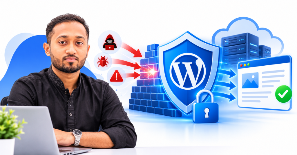 Hridoy Ahmed beside a blue website performance dashboard and server response speed illustration