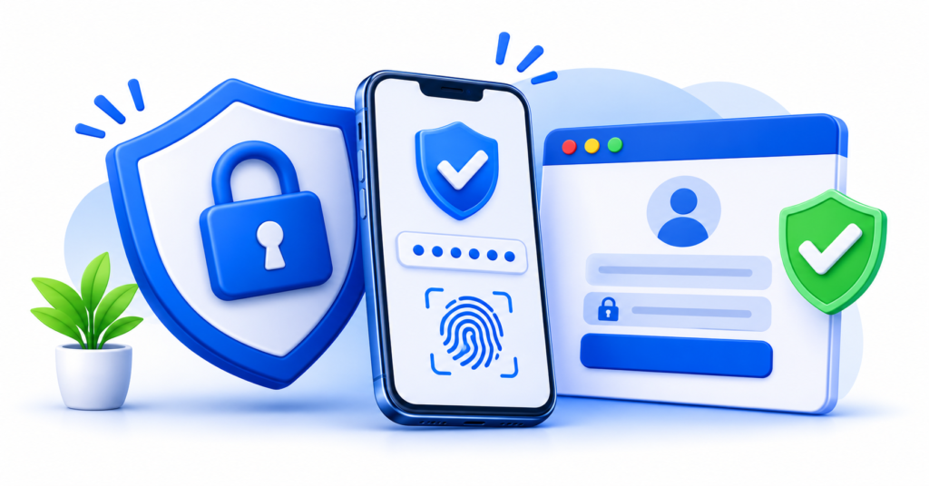 Blue shield, smartphone fingerprint verification and secure login interface illustrating two-factor authentication