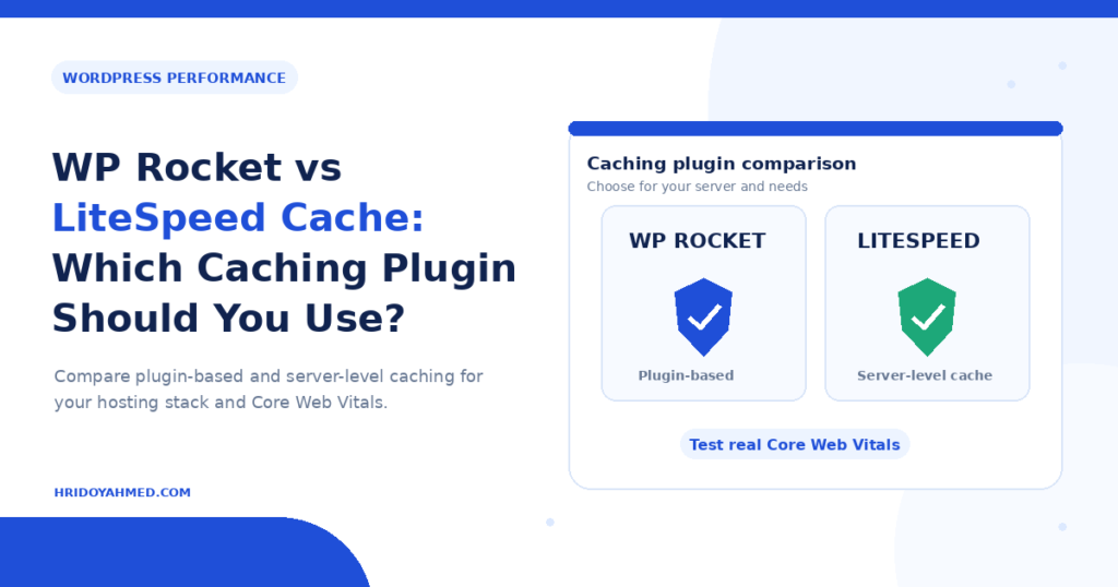 WP Rocket and LiteSpeed Cache comparison illustration showing two caching plugin panels and server-level versus plugin-based caching