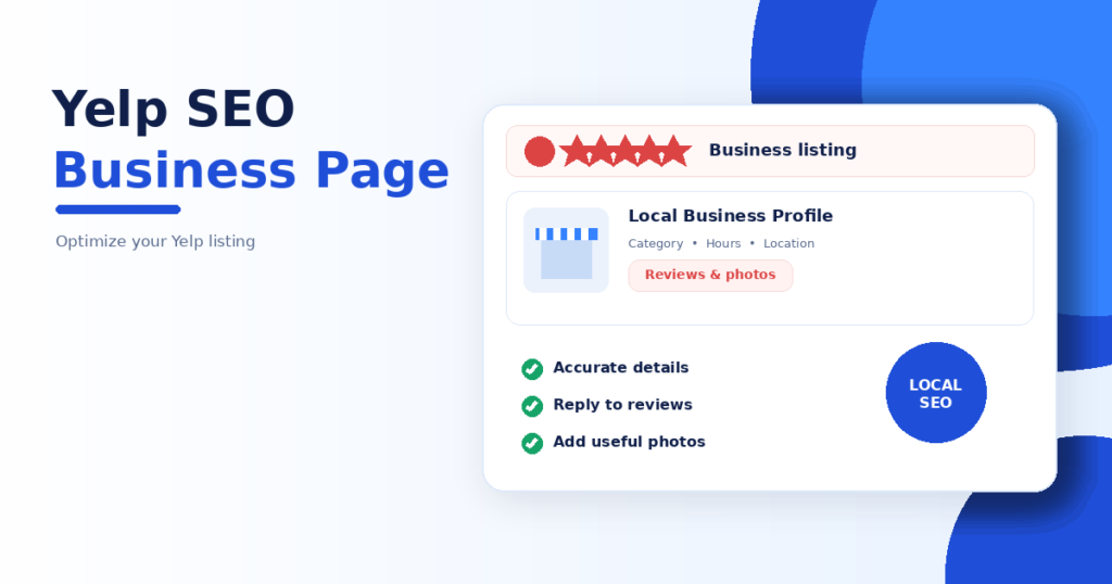 Yelp business profile illustration with business details, category, opening hours, star reviews and a review response checklist